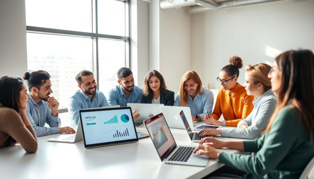 A modern, sleek office setting with professionals of diverse backgrounds collaborating around a conference table, using laptops and digital devices. The scene is well-lit with natural light streaming in through large windows, creating a bright and productive atmosphere. The workers appear engaged in discussion, analyzing data and insights from Apollo.io's sales and analytics platform displayed on their screens. The room has a minimalist, yet sophisticated design with clean lines, neutral tones, and subtle accents that convey a sense of professionalism and innovation. An air of focused productivity and collaborative problem-solving permeates the space.