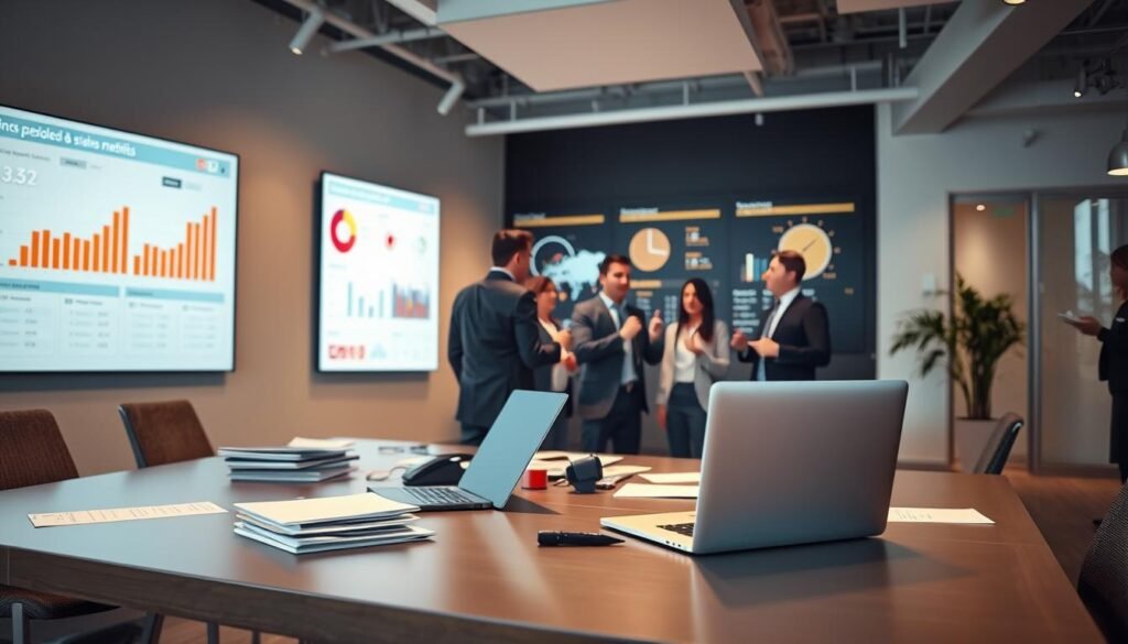 A modern, well-lit office interior with a large desk in the foreground. On the desk, a laptop and various office supplies, along with a stack of documents and a phone. In the middle ground, a team of professionals in business attire engaged in a lively discussion, gesturing animatedly. The background features a wall-mounted display showing sales metrics and performance indicators, with a subtle glow emanating from the screen. The overall scene conveys a sense of productivity, collaboration, and a drive to close deals efficiently within the HubSpot Sales Hub environment.