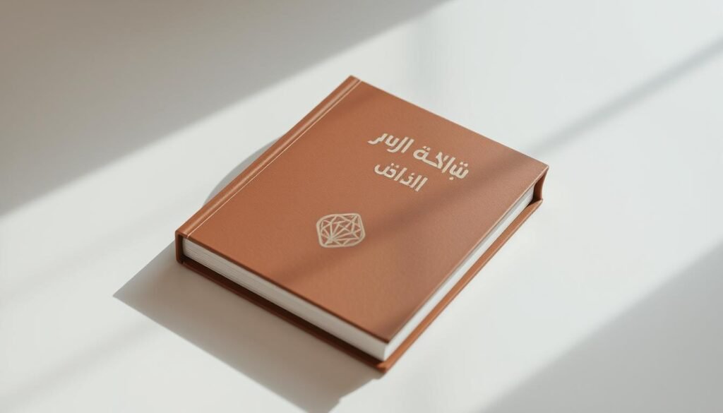 A neatly organized book with a sleek, minimalist cover in shades of brown and tan. The spine showcases the title "الهيكل العام للكتاب" in elegant Arabic calligraphy. The front cover features a subtle, embossed geometric pattern, adding a tactile element. The book rests on a clean, well-lit surface, surrounded by a soft, diffused lighting that casts gentle shadows, creating a sense of depth and dimension. The overall composition exudes a sense of order, simplicity, and intellectual gravitas, reflecting the subject matter within.