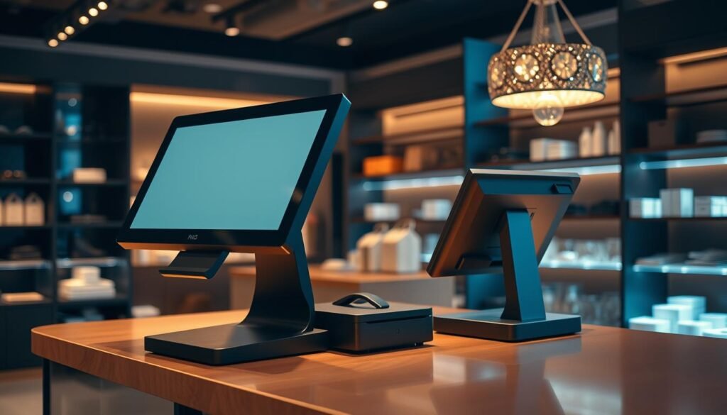 A point-of-sale system in an elegant retail space, illuminated by warm, diffused lighting. A sleek, modern counter with a touchscreen display and payment terminal prominently positioned. Shelves and displays in the background showcase a variety of products, creating a visually appealing and inviting atmosphere. The scene conveys a sense of professionalism, efficiency, and a seamless shopping experience for customers. The overall composition emphasizes the centrality of the POS system in the store's operations, reflecting the importance of Shopify's in-person sales capabilities. A point-of-sale system in an elegant retail space, illuminated by warm, diffused lighting. A sleek, modern counter with a touchscreen display and payment terminal prominently positioned. Shelves and displays in the background showcase a variety of products, creating a visually appealing and inviting atmosphere. The scene conveys a sense of professionalism, efficiency, and a seamless shopping experience for customers. The overall composition emphasizes the centrality of the POS system in the store's operations, reflecting the importance of Shopify's in-person sales capabilities.