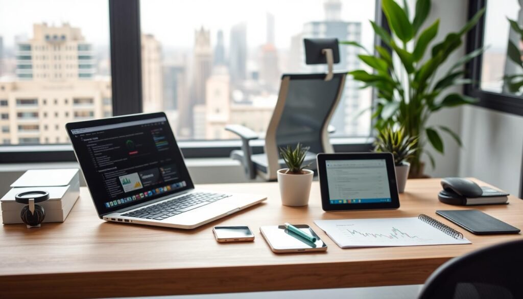 A practical office setting with various digital applications and tools on display. In the foreground, a modern laptop, smartphone, and tablet are arranged neatly on a minimalist wooden desk. The middle ground features an ergonomic office chair and a potted plant, creating a balanced workspace. The background showcases a large window overlooking a cityscape, allowing natural light to fill the room. The overall scene conveys a sense of productivity and efficiency, reflecting the practical applications of the Zeigarnik effect on improving workplace performance.