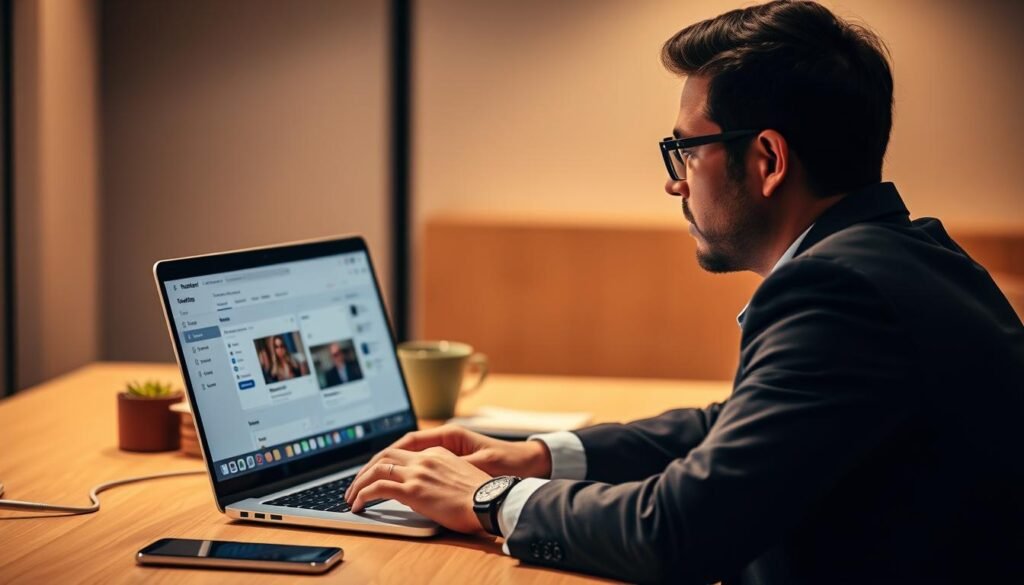 A professional business person sitting at a desk, meticulously navigating the Sendible dashboard on a high-resolution laptop display. The scene is bathed in warm, directional lighting, casting subtle shadows that accentuate the user's focused expression. The desk is neatly organized, with a minimal, modern aesthetic complementing the sleek, state-of-the-art technology. The background is a tasteful, blurred office environment, hinting at the professional setting. The overall mood conveys a sense of efficiency, productivity, and mastery of social media management through the use of Sendible's powerful tools.