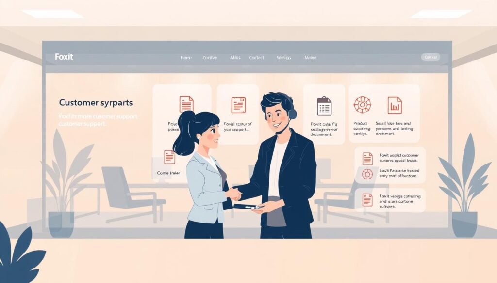 A professional, informative, and well-designed illustration showcasing the customer support and services offered by Foxit. The image depicts a modern, user-friendly interface with a clean, minimal layout. In the foreground, a friendly customer service representative is shown assisting a customer, conveying the brand's commitment to excellent support. The middle ground features Foxit's product icons and illustrations, highlighting the software's key features. The background showcases a serene, office-like environment with warm lighting and subtle geometric patterns, creating a sense of professionalism and trustworthiness. The overall mood is one of efficiency, reliability, and a customer-centric approach.