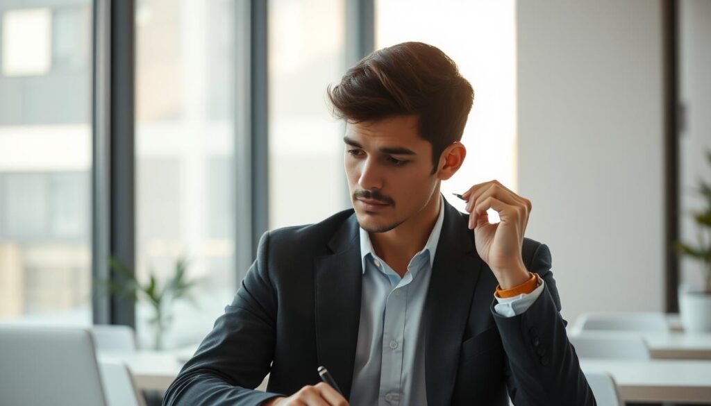 A professional office setting, with a person deeply engrossed in self-reflection. Soft, natural lighting filters through large windows, casting a contemplative atmosphere. The individual, dressed in business attire, is seated at a minimalist desk, pen in hand, gaze inward as they analyze their own thought processes and decision-making. The background is a blend of muted colors, creating a sense of focus and introspection. The composition emphasizes the person's thoughtful expression, conveying the importance of applying self-analysis skills in a work environment.