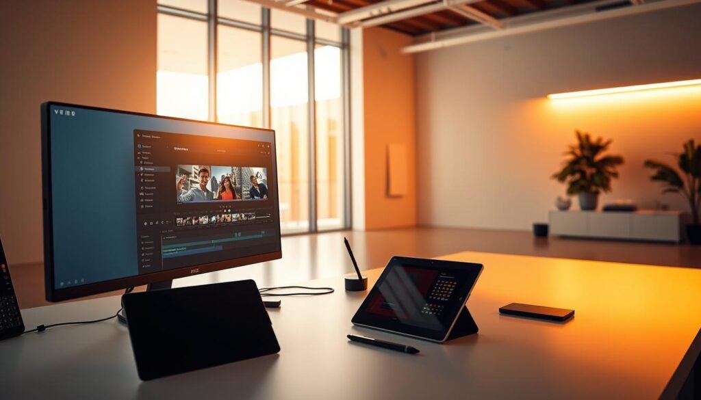 A professional video editing suite with a sleek, modern interface. In the foreground, a stylized computer monitor displays a video timeline with precision editing tools. The middle ground features an elegant desk setup with a tablet, stylus, and other peripherals, all bathed in warm, directional lighting. The background showcases a minimalist, urban environment with floor-to-ceiling windows, hinting at the software's powerful capabilities and online accessibility. The overall mood is one of efficiency, creativity, and technological sophistication, reflecting the "VEED" brand and its focus on making video editing seamless and accessible.