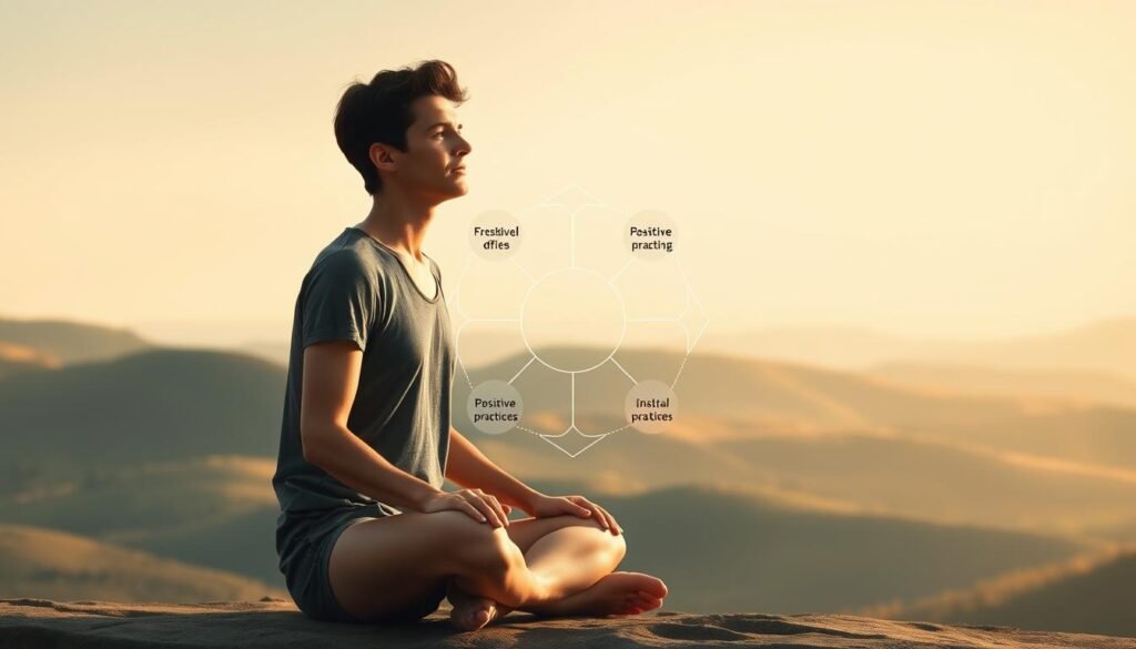 A serene and balanced scene of a person calmly evaluating the effectiveness of positive strategies. In the foreground, a thoughtful individual sits cross-legged, eyes closed in contemplation, surrounded by a warm, soft light. The middle ground features a minimalist, geometric pattern representing the various positive practices, each element in harmonious balance. The background depicts a tranquil landscape of rolling hills, painted in muted, earthy tones that evoke a sense of grounded peace. The overall composition conveys a sense of introspection, mindfulness, and the harmonious integration of positive well-being strategies.