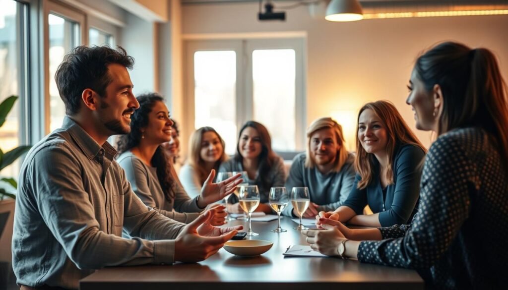 A serene and collaborative scene of individuals gathered around a table, sharing and discussing their personal goals. Warm lighting casts a soft glow, creating an atmosphere of openness and camaraderie. In the foreground, two people engage in a thoughtful conversation, gesturing animatedly as they exchange ideas. In the middle ground, a group of diverse individuals listen intently, their expressions reflecting a shared sense of purpose and mutual support. The background depicts a cozy, modern office space, with minimalist decor and large windows that allow natural light to filter in, symbolizing the clarity and enlightenment that comes from sharing one's aspirations with others.