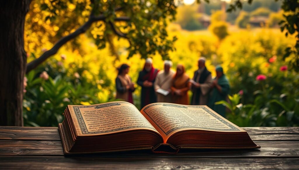 A serene and contemplative landscape, bathed in warm, golden light. In the foreground, a majestic, hand-bound book rests on a weathered wooden table, its intricate cover embossed with intricate calligraphic patterns. The pages seem to glow from within, radiating a sense of profound wisdom and spiritual enlightenment. In the middle ground, a group of scholars and spiritual seekers gather around the table, their faces alight with reverence and deep contemplation as they pore over the book's contents. In the background, a lush, verdant garden frames the scene, its lush foliage and vibrant colors creating a harmonious and serene backdrop. The overall mood is one of deep contemplation, reverence, and the transformative power of knowledge.