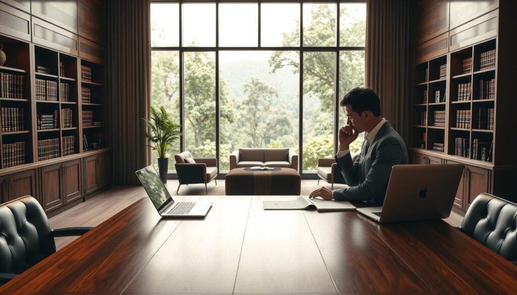 A serene and elegant office setting, with a large wooden desk in the foreground, illuminated by warm, diffused lighting from a large window overlooking a lush, verdant landscape. On the desk, a laptop, a few neatly arranged documents, and a thoughtful executive, their face partially obscured, contemplating strategic decisions. The middle ground features bookcases filled with leather-bound volumes, and a modern, minimalist seating area. The background is a soft, blurred vista, hinting at the broader context of the organization. The overall atmosphere conveys a sense of considered leadership, balanced with a touch of tranquility.