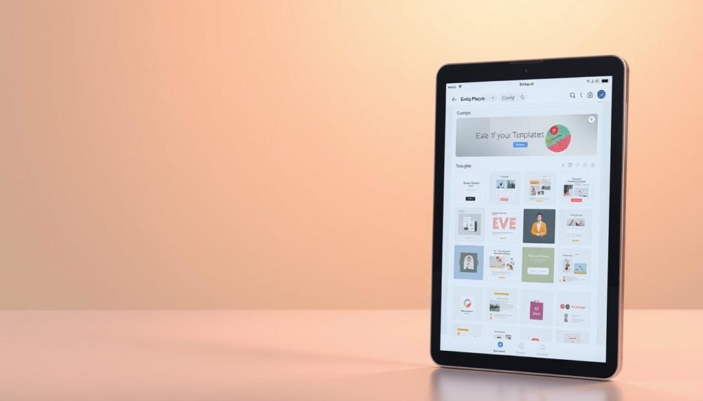 A serene and minimalist illustration showcasing the smart templates and user-friendly interface of Envato Placeit. In the foreground, a tablet device displays a sleek and intuitive design tool, its clean lines and subtle gradients conveying a sense of effortless creativity. The middle ground features a variety of template thumbnails, each offering a distinct design solution, all neatly organized and easily accessible. The background subtly blends warm, inviting tones, creating a calming ambiance that reflects the platform's emphasis on simplicity and accessibility. Soft, diffused lighting gently illuminates the scene, highlighting the elegant typography and modern aesthetic. The overall composition reflects the key features of Envato Placeit - smart, user-friendly design tools that empower users to create professional-looking content with ease.
