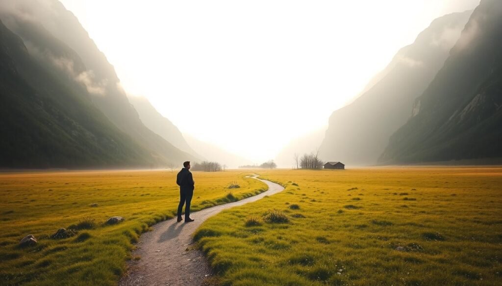 A serene and minimalist landscape, a single path winding through a lush meadow, flanked by towering mountains shrouded in mist. In the foreground, a lone figure stands contemplating, their gaze fixed on the horizon, embodying the calculated risk and innovative thought that defines this moment. Soft, warm lighting bathes the scene, creating a sense of tranquility and introspection. The composition is balanced, with negative space allowing the viewer to focus on the central figure and their journey of creative exploration. This image captures the essence of calculated risk-taking in the pursuit of innovative thinking.