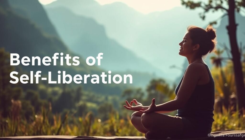 A serene and tranquil scene depicting the "Benefits of Self-Liberation". In the foreground, a person sits in a meditative pose, their face radiating a sense of inner peace and contentment. Soft natural light filters through the background, illuminating a lush, verdant landscape with towering mountains in the distance. The atmosphere is one of contemplation and spiritual enlightenment, capturing the essence of the section "Benefits of Reading The Permission to Leave" from the book "The Permission to Leave: Self-Liberation". The image conveys a visual representation of the profound inner transformation and personal growth that can be achieved through the process of self-liberation.