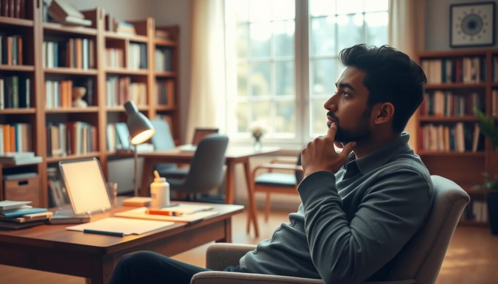 A serene and tranquil scene showcasing the benefits of a mental assessment. In the foreground, a person sits in a comfortable chair, deep in contemplation, their expression one of calm introspection. The middle ground features a desk with various assessment tools and materials, symbolizing the process of evaluation. The background depicts a warm, softly lit study, with bookshelves and a large window that floods the space with natural light, conveying a sense of knowledge and enlightenment. The overall mood is one of thoughtful, insightful reflection, capturing the essence of the value of a mental test.