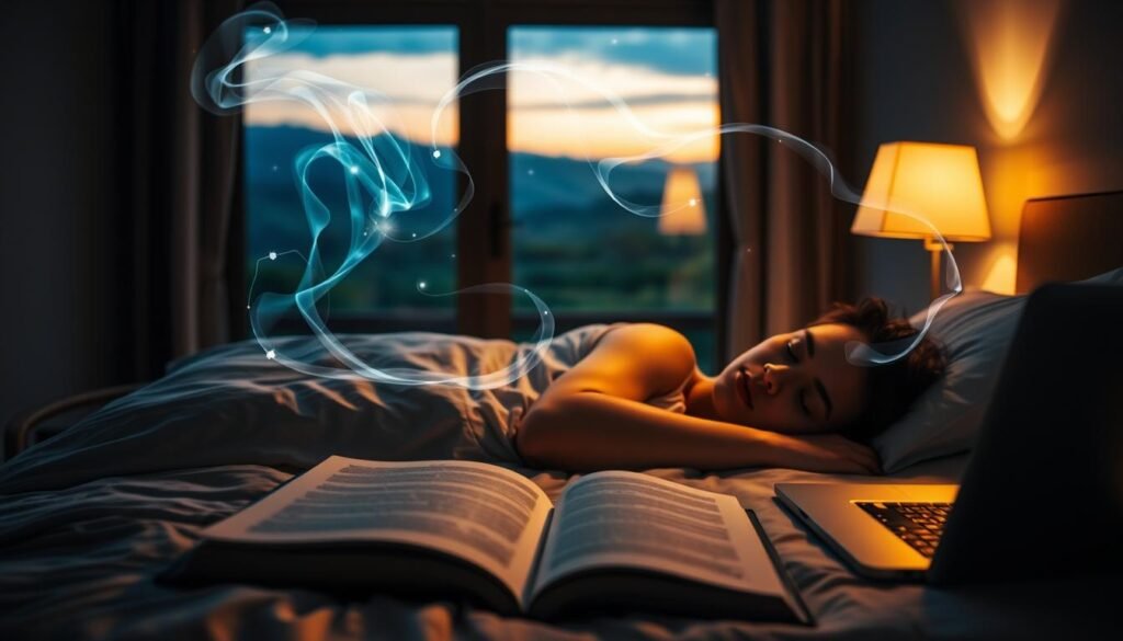 A serene bedroom setting, bathed in soft, warm lighting. In the foreground, a person rests peacefully, their face relaxed, as they slumber. Surrounding them, ethereal wisps of dream-like energy swirl, evoking a sense of mental activity and cognitive engagement. In the middle ground, a desk with an open book and a laptop, symbolizing the connection between sleep and learning. The background features a tranquil landscape, perhaps a window overlooking a calming nature scene, reinforcing the harmony between the restorative power of sleep and the process of acquiring knowledge.