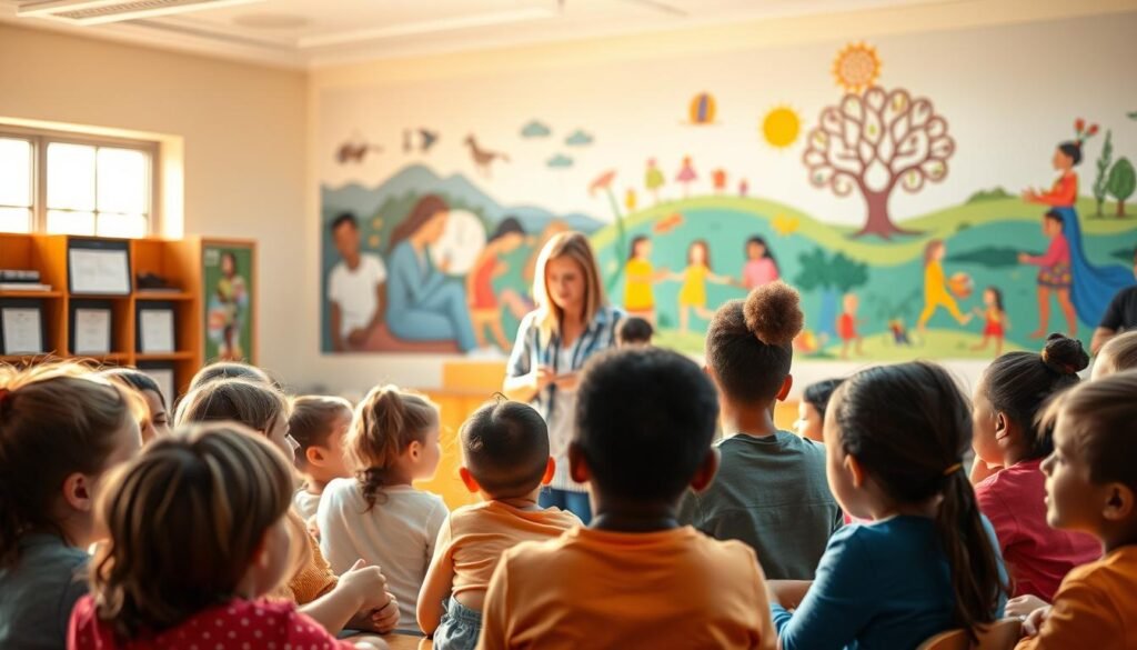 A serene classroom setting, bathed in warm, natural lighting. In the foreground, a group of students engaged in collaborative learning, their faces alight with curiosity and enthusiasm. In the middle ground, a teacher stands, guiding the discussion with a gentle, nurturing presence. The background showcases a vibrant, colorful mural depicting scenes of intellectual growth and emotional intelligence. The overall atmosphere is one of harmony, where the interplay of cognition and emotion fosters a rich, supportive educational environment.