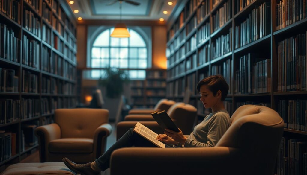 A serene, dimly lit library interior with cozy, overstuffed armchairs and shelves of books lining the walls. Soft, warm lighting creates a calming atmosphere, with a single person sitting in one of the chairs, deeply absorbed in a book. The scene conveys a sense of tranquility and escape from the stresses of daily life, allowing the viewer to experience the restorative power of reading. The focus is on the person's relaxed, contemplative expression, emphasizing the mental and emotional benefits of this activity.