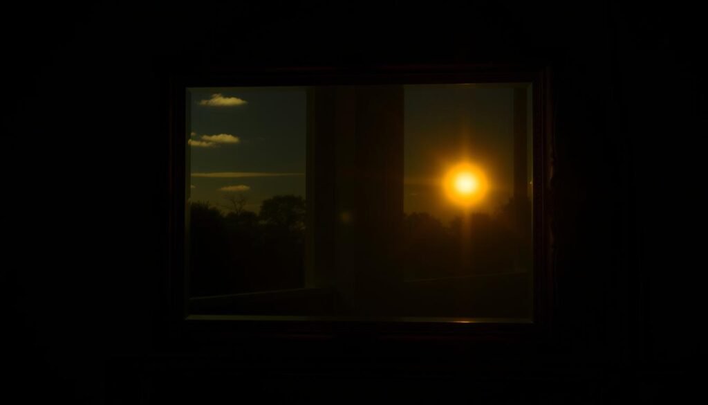 A serene, dimly lit room with a large mirror on the wall. The mirror's reflection displays the opposite of the scene - a brightly lit, vibrant exterior landscape with lush greenery, a clear sky, and a warm, golden sunlight. The contrast between the tranquil interior and the reflected dynamic outdoor environment creates a sense of duality and introspection. The mirror's frame is ornate, with intricate carvings that add depth and character to the composition. The lighting is soft and atmospheric, casting subtle shadows that accentuate the depth and perspective of the scene. The overall mood is pensive and thought-provoking, inviting the viewer to explore the concept of "العكس" (Reverse) and its implications.