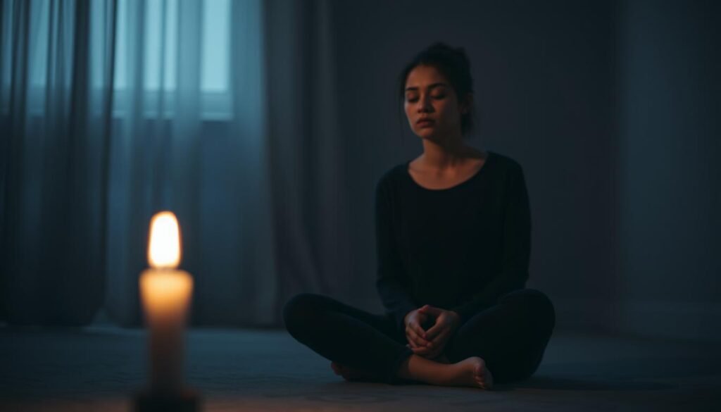 A serene, dimly lit room with muted tones and soft shadows. In the foreground, a person sits cross-legged on the floor, eyes closed, hands resting on their lap, their expression one of contemplation and inner calm. In the middle ground, a flickering candle casts a warm, gentle glow, its flame a symbol of the inner strength needed to confront difficult emotions. The background is blurred, hinting at the expansive, peaceful space that surrounds the individual, creating a sense of solitude and introspection. The overall mood is one of introspection, resilience, and the power of the mind to navigate the challenges of the heart.