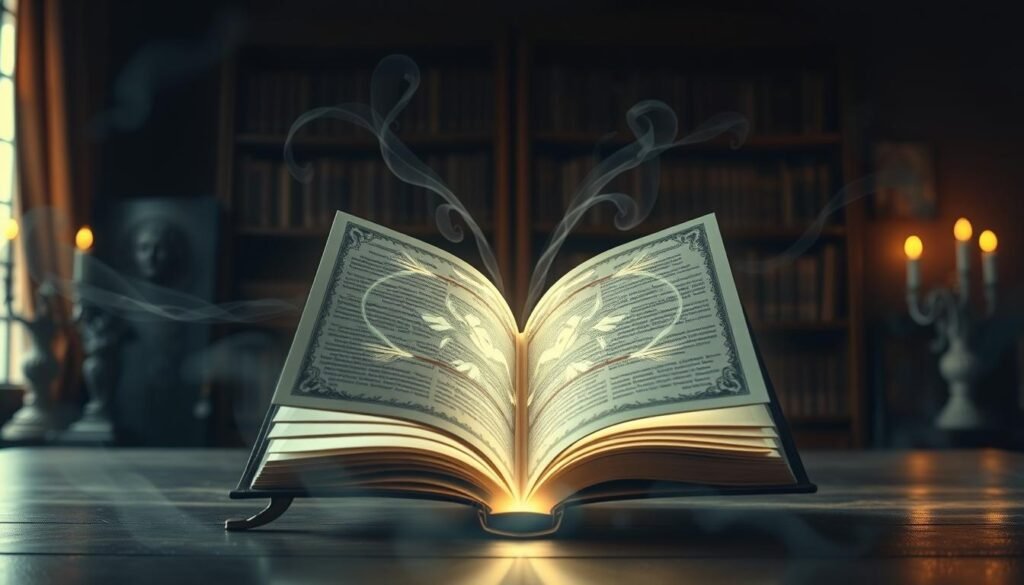 A serene, dimly lit study with a large, ornate book levitating at the center, its pages flipping open to reveal a glowing, ethereal pattern that pulses with an aura of profound knowledge and inner power. The background is blurred, emphasizing the book as the focal point, surrounded by wisps of mystical energy and a subtle, warm light that casts a contemplative, introspective mood. The overall scene conveys the idea of the subconscious mind's hidden potential and the transformative, enlightening force of the knowledge contained within.