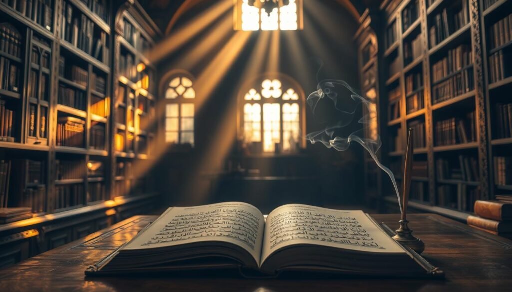 A serene, dimly lit study with ornate bookshelves lining the walls. On a wooden desk, an open book with flowing Arabic calligraphy and ornate page designs. Shafts of warm, golden light filter through high windows, casting a contemplative, introspective atmosphere. Delicate wisps of smoke curl from a burning incense stick, hinting at the book's introspective, psychological themes. The scene conveys a sense of wisdom, introspection and the exploration of the human psyche.