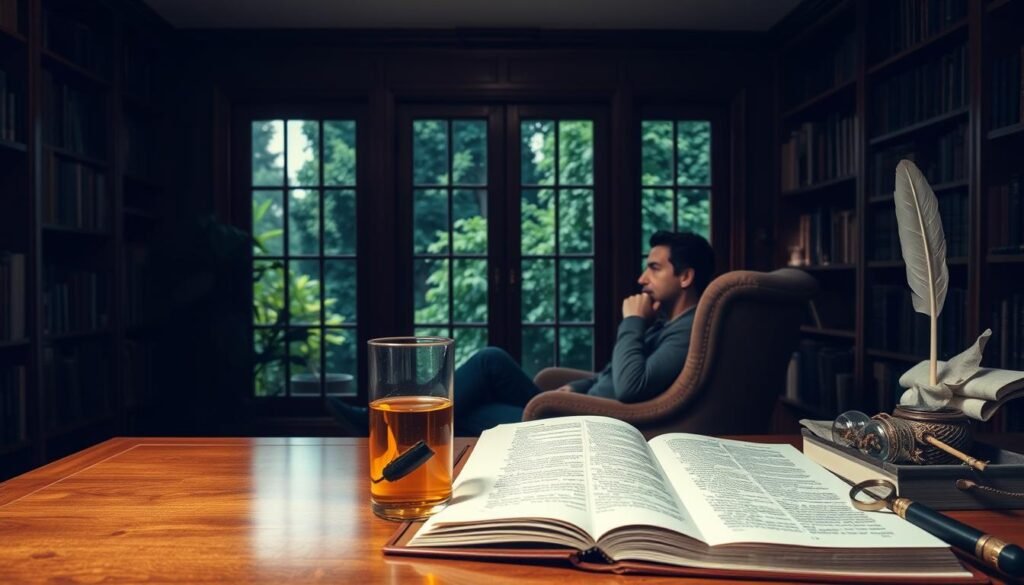 A serene, dimly lit study with wooden bookshelves lining the walls. Soft, warm lighting illuminates a glass of tea and an open book on a polished desk. In the foreground, a person sits in a comfortable armchair, deep in thought, their face reflecting a sense of focus and contemplation. The background features a large window overlooking a lush, verdant garden, symbolizing the connection between the mind's inner workings and the natural world. Subtle details like a quill pen, a magnifying glass, and a tray of herbal remedies suggest a scholarly, intellectual atmosphere conducive to memory enhancement and cognitive empowerment.