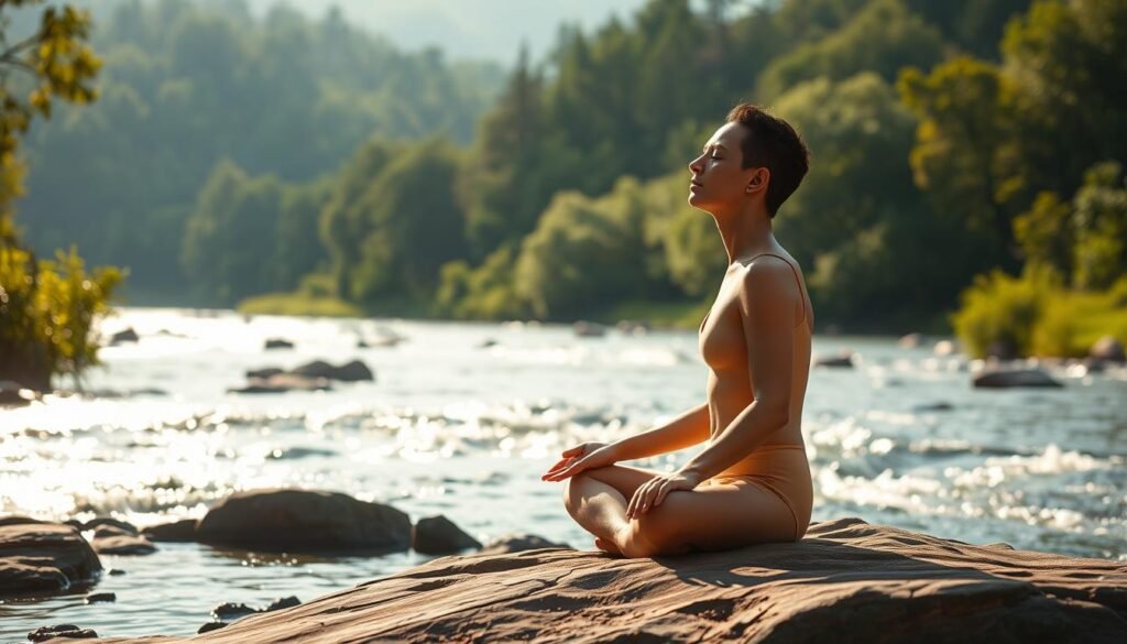 A serene, ethereal landscape where the human mind and body coexist in harmony. In the foreground, a figure seated in a lotus position, their eyes closed in deep contemplation, radiating an aura of tranquility. The middle ground features a flowing river, its gentle currents symbolizing the interconnectedness of the physical and the cerebral. In the distance, a lush, verdant forest, its canopy filtering dappled sunlight, conveying a sense of balance and wholeness. The scene is bathed in a warm, soft light, creating an atmosphere of introspection and unity between the corporeal and the cognitive. The overall impression is one of holistic well-being, where the mind and body are in perfect synchronicity.