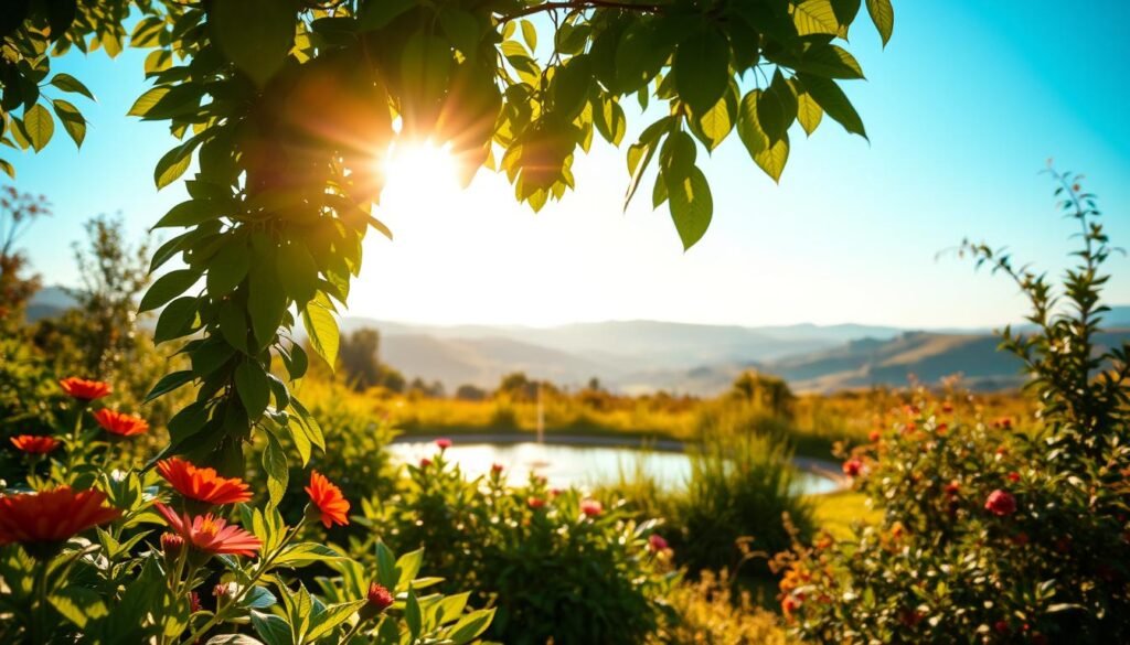 A serene garden oasis, with lush greenery and vibrant flowers in the foreground. Warm, golden sunlight filters through the leaves, casting a soft, inviting glow. In the middle ground, a tranquil pond reflects the natural surroundings, its surface rippling gently. In the background, a backdrop of rolling hills and a clear, azure sky sets a peaceful, uplifting atmosphere. The overall scene conveys a sense of harmony, mindfulness, and personal growth, capturing the essence of "استراتيجيات تعزيز الإيجابية".