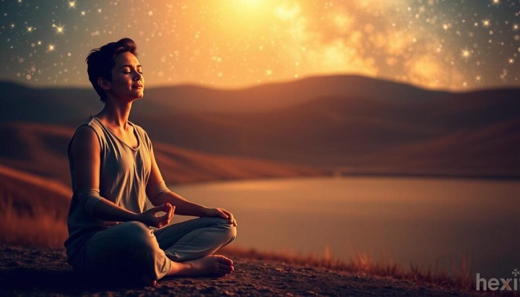 A serene, meditative scene depicting the power of the subconscious mind. In the foreground, a person sits cross-legged, eyes closed, hands resting gently on their lap, exuding a sense of deep focus and inner calm. The background features a tranquil landscape, with soft rolling hills, a calming body of water, and a starry night sky that creates a sense of vastness and connection to the cosmic. Warm, golden lighting illuminates the scene, casting a peaceful glow and emphasizing the importance of tapping into the limitless potential of the subconscious. The overall atmosphere is one of introspection, clarity, and the profound power of the mind to shape our reality.