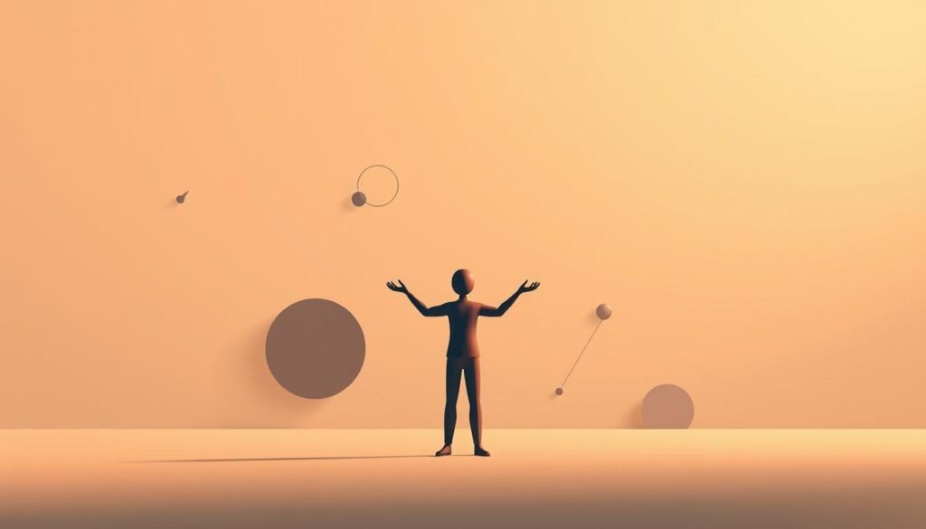 A serene, minimalist composition depicting the core skills of creative leadership. In the foreground, a stylized figure stands confidently, their hands outstretched in a gesture of inspiration and vision. The middle ground features abstract shapes and lines, symbolizing the innovative thinking and problem-solving abilities essential for creative leadership. The background is a soft, muted palette, creating a sense of calm focus and introspection. Warm, directional lighting illuminates the scene, casting subtle shadows that add depth and dimensionality. The overall mood is one of quiet power, professionalism, and a deep understanding of the nuanced skills required to lead with creativity.
