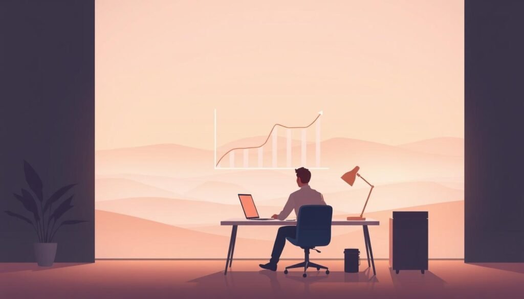A serene, minimalist illustration depicting the concept of "Improving Productivity". In the foreground, a lone worker sitting at a clean, uncluttered desk, deeply focused on their task. Soft, warm lighting creates a sense of calm and concentration. The middle ground features a stylized productivity chart, conveying the tangible results of efficient work practices. In the background, a tranquil landscape with rolling hills, conveying a sense of balance and harmony. The overall mood is one of clarity, simplicity, and the power of streamlining one's work for maximum impact.