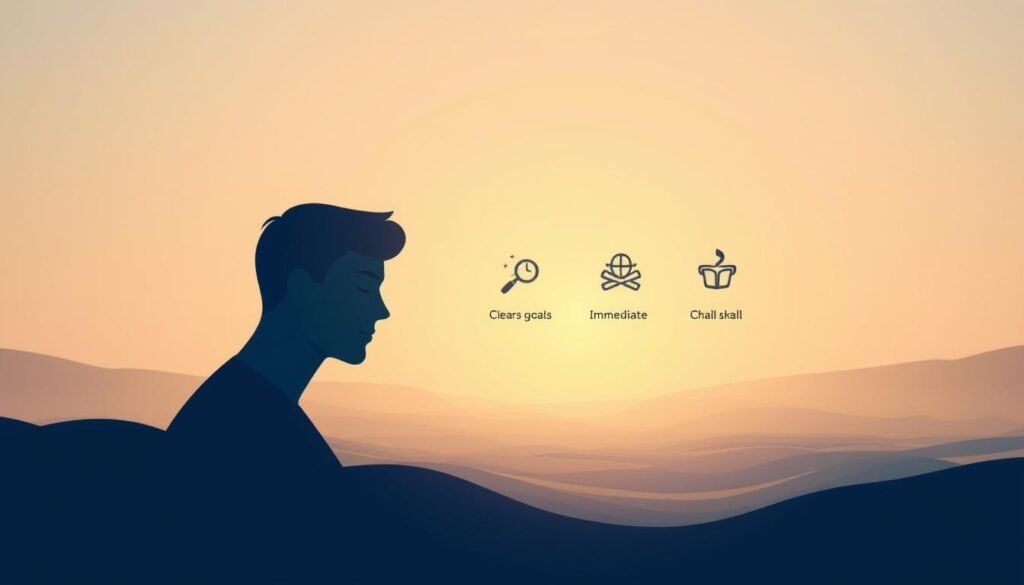 A serene, minimalist illustration depicting the core elements of the flow state. In the foreground, a stylized human figure is deeply immersed, their facial features tranquil and focused. The middle ground showcases symbolic icons representing the key components of flow: clear goals, immediate feedback, and a balance of challenge and skill. The background is a tranquil gradient, creating a sense of calm and concentration. Subtle lighting casts a warm, meditative glow, while the camera angle suggests an intimate, almost first-person perspective, drawing the viewer into the state of flow. The overall aesthetic is clean, modern, and visually captivating, suitable for illustrating the concept of flow state.