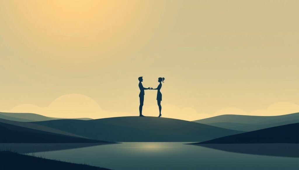 A serene, minimalist illustration depicting the delicate balance between mind and emotion. In the foreground, a tranquil landscape with rolling hills and a calm, reflective lake. Overhead, a soft, diffused lighting casts a warm, golden glow, creating a sense of harmony and equilibrium. In the middle ground, two elegant, stylized figures - one representing logic and reason, the other embodying passion and feeling - stand facing each other, hands outstretched in a gesture of unity. The background features abstract, geometric shapes and patterns, symbolizing the structures and frameworks that help maintain the balance between the cerebral and the emotional. The overall tone is one of serenity, contemplation, and the beauty that arises from the integration of opposing forces.