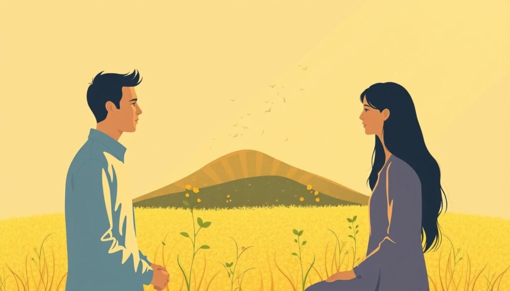 A serene, minimalist illustration depicting the power of effective communication in fostering positivity. In the foreground, two individuals engaged in a thoughtful dialogue, their body language conveying mutual understanding and respect. The middle ground features a vibrant, organic landscape, symbolizing the growth and flourishing that can arise from meaningful connections. The background is bathed in a warm, golden light, creating a sense of harmony and optimism. The overall composition emphasizes the transformative role of open, empathetic communication in cultivating a positive mindset and personal fulfillment.