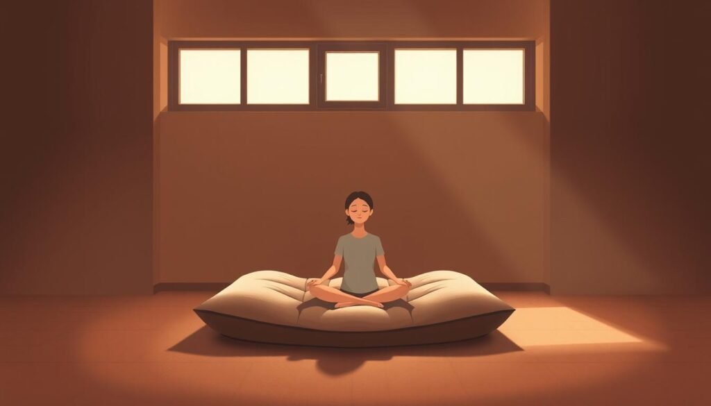 A serene, minimalist illustration of "السلام الداخلي" (inner peace). A dimly lit, warm-toned room with muted, earthy colors. Soft, diffused lighting filters through a large window, casting gentle shadows. At the center, a person sits cross-legged on a plush, neutral-colored cushion, eyes closed in meditative focus. The background is uncluttered, with subtle textures on the walls and floor creating a calming, contemplative atmosphere. The overall mood is one of tranquility, introspection, and a sense of inner harmony.