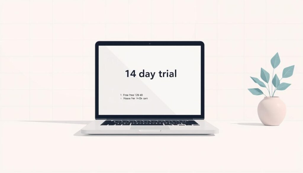 A serene, minimalist illustration showcasing a 14-day free trial plan for an e-commerce platform. The composition features a clean, pastel-toned background with subtle grid patterns, conveying a sense of order and simplicity. In the foreground, a sleek laptop or tablet device is displayed, its screen showing the plan details in an elegant, typographic layout. The overall mood is professional, approachable, and inviting, with careful attention to balance, negative space, and a cohesive color palette that aligns with the branding and subject matter.