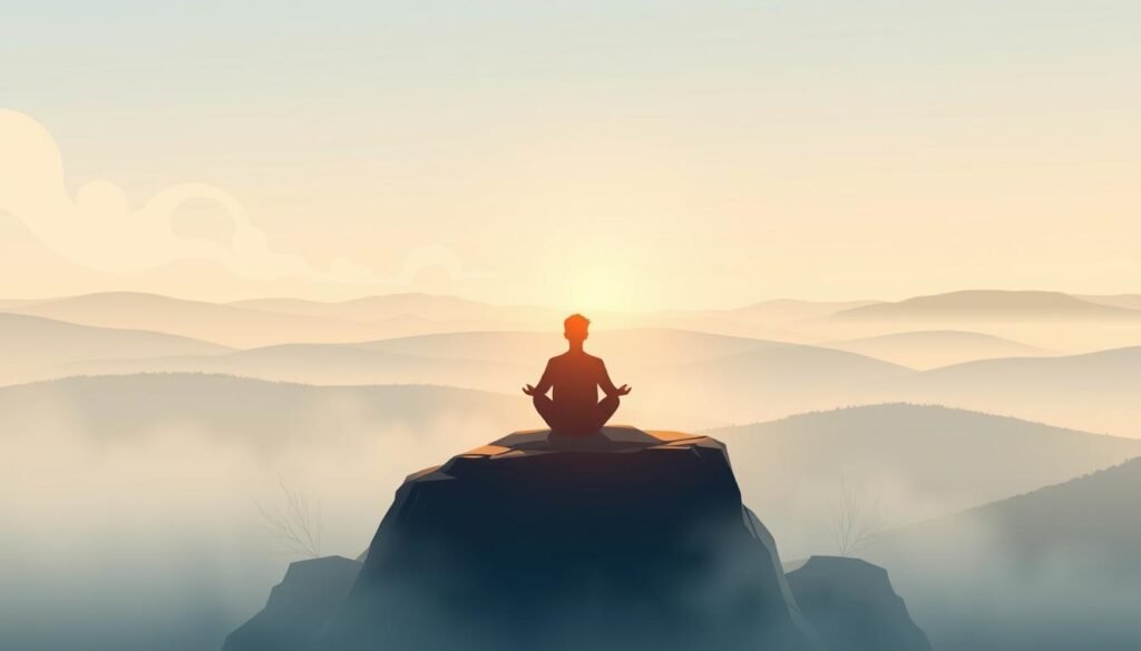 A serene, minimalist illustration showcasing the concept of "Enhancing Psychological Resilience". A lone figure, their face obscured, sits cross-legged on a rocky outcrop overlooking a tranquil, mist-shrouded valley. Diffused, warm lighting bathes the scene, creating a sense of introspection and inner calm. The background features stylized, abstract representations of calming natural elements such as swirling clouds, gentle rolling hills, and a distant, hazy horizon. The overall composition evokes a feeling of balance, centeredness, and the process of strengthening one's ability to cope with stress and adversity.