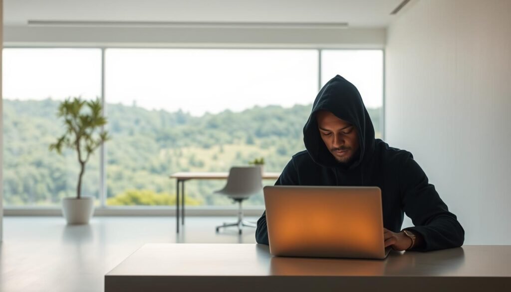 A serene, minimalist scene depicting the concept of continuous learning in leadership. The foreground features a person, cloaked in a thoughtful pose, gazing introspectively at a glowing laptop screen, representing the ever-evolving nature of leadership skills. The middle ground showcases a tranquil, modern office space, with clean lines and muted tones, suggesting a professional, yet reflective environment. The background depicts a lush, verdant landscape, symbolizing the growth and progression inherent in the journey of leadership development. Soft, warm lighting bathes the scene, creating a sense of contemplation and personal growth. The overall mood evokes a balance of focus, adaptability, and the pursuit of continuous improvement in the art of leading others.