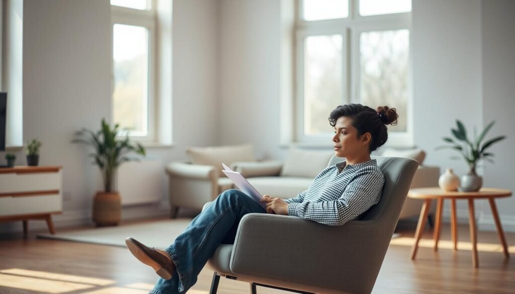 A serene, minimalist scene depicting the importance of focus in daily life. In the foreground, a person seated in a comfortable chair, deeply immersed in a task, their expression calm and concentrated. Soft, natural lighting filters through large windows, casting a warm glow on the scene. The background is uncluttered, with simple, clean-lined furniture and decor, allowing the viewer to hone in on the central figure and their state of focused attention. The overall mood is one of tranquility and productivity, highlighting how cultivating focused awareness can enhance our everyday experiences.