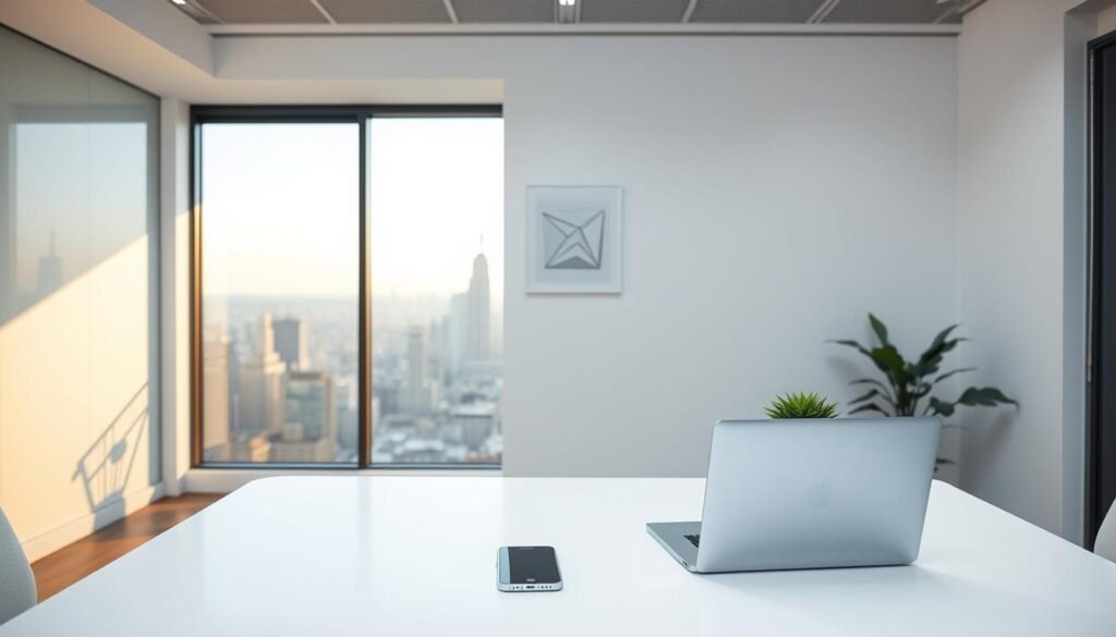 A serene, modern office scene with a minimalist aesthetic. In the foreground, a sleek, white desk with a laptop, smartphone, and a small, potted plant. The middle ground features a large, frosted glass window overlooking a cityscape, bathed in warm, natural lighting. The background showcases a clean, uncluttered wall, with a simple, geometric art piece hanging, creating a sense of balance and harmony. The overall atmosphere is one of efficiency, organization, and a focus on personal data management.