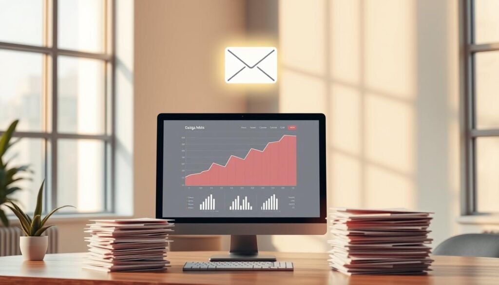 A serene office scene with a desktop computer and stacks of envelopes, symbolizing the efficient delivery of emails. The computer screen displays a graph visualizing email deliverability metrics, while a stylized email icon hovers above, emitting a soft glow. Warm, diffused lighting filters through large windows, creating a tranquil, professional atmosphere. In the background, subtle geometric patterns on the walls suggest the technological underpinnings of modern email marketing. The overall composition conveys the reliable and compliant nature of Moosend's email deliverability services.