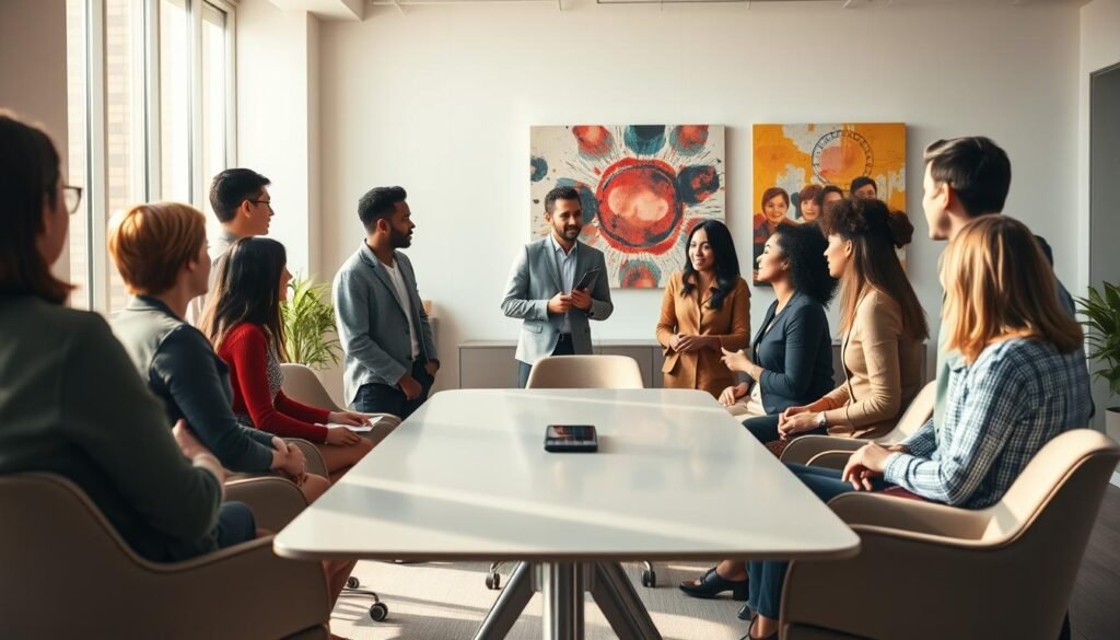 A serene office setting, bathed in warm, natural lighting. In the foreground, a group of diverse individuals engaged in lively discussion, their body language conveying a sense of collaboration and mutual understanding. In the middle ground, a sleek, minimalist conference table, surrounded by comfortable chairs, creates an inviting atmosphere for productive social interactions. The background features a wall adorned with vibrant, abstract artwork, adding a touch of creativity and inspiration to the scene. The overall composition evokes a harmonious and professional environment, where meaningful social relationships are nurtured and cultivated.