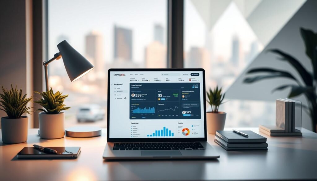 A serene office setting with a minimalist desk, showcasing a laptop screen displaying the Metricool dashboard. On the desk, neatly arranged office supplies, a stylish desk lamp, and a potted plant, creating a harmonious and productive atmosphere. The lighting is soft and natural, with warm hues illuminating the scene. In the background, a blurred cityscape or abstract geometric patterns, complementing the modern and efficient theme of Metricool. The overall composition conveys the idea of effective and strategic social media management through the use of Metricool's analytical tools.