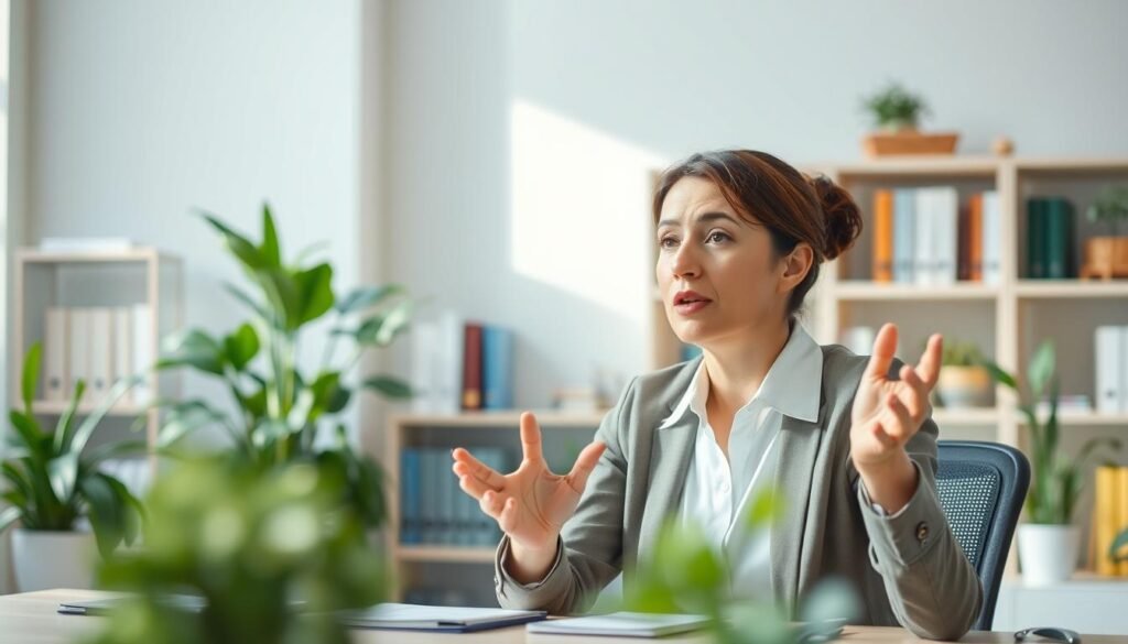 A serene office setting with a professional person engaged in thoughtful conversation. The scene features a person sitting at a desk, gesturing expressively while speaking. The lighting is soft and natural, creating a warm, inviting atmosphere. The background showcases bookshelves and plants, conveying a sense of intellect and growth. The overall composition emphasizes the importance of verbal communication, with the subject's face and hand movements in focus. The image aims to visually represent the strategies and techniques for improving verbal communication skills.