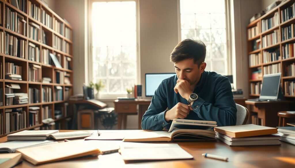 A serene study space, lit by warm natural light pouring through large windows. In the foreground, a reflective individual sits at a wooden desk, a thoughtful expression on their face as they pore over a collection of notes and journals. The middle ground features bookshelves lining the walls, their spines a mosaic of knowledge accumulated over time. In the background, the soft glow of a computer screen illuminates the room, hinting at the digital tools used to analyze and learn from past experiences. The overall atmosphere conveys a sense of contemplation and the process of extracting insights from one's personal history.