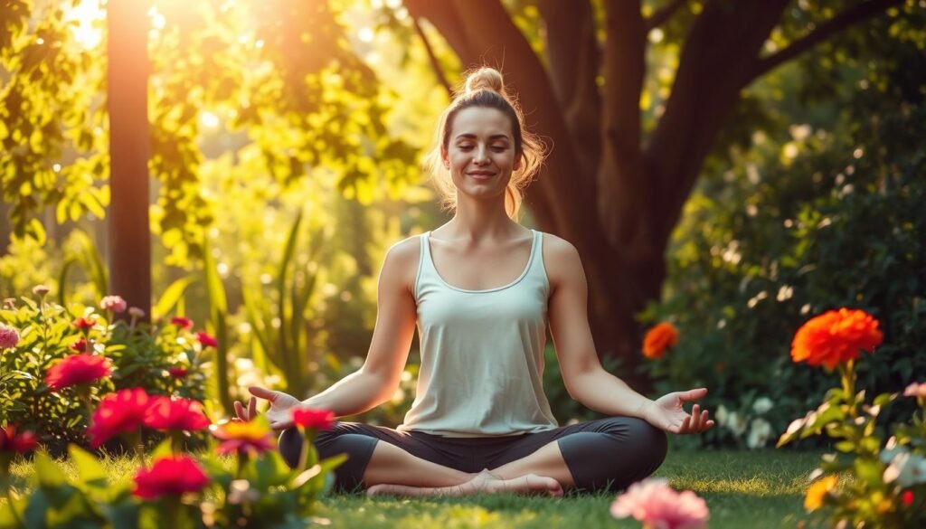 A serene, sun-dappled garden backdrop, with lush greenery and vibrant flowers in the foreground. In the center, a person sitting in a relaxed, meditative pose, radiating a sense of inner peace and well-being. Soft, warm lighting casts a gentle glow, highlighting the person's calm expression and the positive energy emanating from their presence. The scene conveys the harmonious integration of a positive mindset and physical health, with the garden symbolizing the flourishing of the body and spirit.