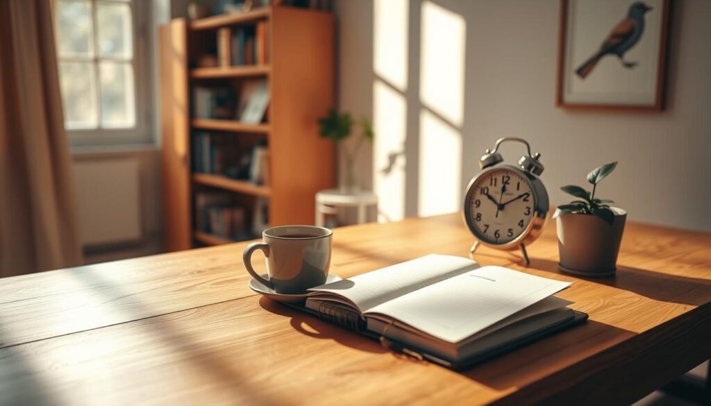 A serene, sun-dappled home office with a wooden desk, featuring an elegant analog clock and a potted plant. On the desk, a cup of coffee and a notebook open to reveal the "Pomodoro Technique" notes, hinting at the productivity-boosting benefits of this time management method. The room is bathed in warm, natural lighting, creating a cozy and focused atmosphere. In the background, a bookshelf and a minimalist wall art piece complement the tranquil ambiance, conveying the sense of organization and efficiency empowered by the Pomodoro Technique.
