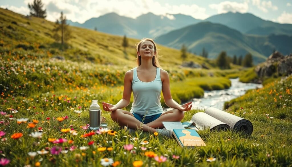 A serene, sun-dappled meadow dotted with vibrant wildflowers, a flowing stream meandering through the lush greenery. In the foreground, a person sits in a meditative pose, eyes closed, hands resting gently on their lap, radiating a sense of inner peace and harmony. Surrounding them, an array of natural elements symbolizing physical and mental wellbeing - a water bottle, a healthy snack, a yoga mat, and a book on mindfulness. The background depicts a picturesque mountain range, its peaks touched by wisps of clouds, creating a tranquil, restorative atmosphere. Soft, diffused lighting enhances the serene mood, conveying a holistic approach to self-care and personal growth.