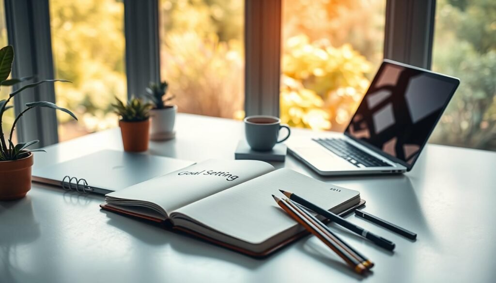 A serene, sun-dappled office setting with a minimalist desk and potted plants. On the desk, a notebook open to a page titled "Goal Setting", surrounded by a sleek laptop, a cup of coffee, and a handful of carefully sharpened pencils. The lighting is soft and warm, creating a focused, contemplative atmosphere. In the background, a large window overlooks a tranquil garden, hinting at the importance of balance and connection with nature. The overall scene conveys a sense of intentionality, productivity, and personal growth.
