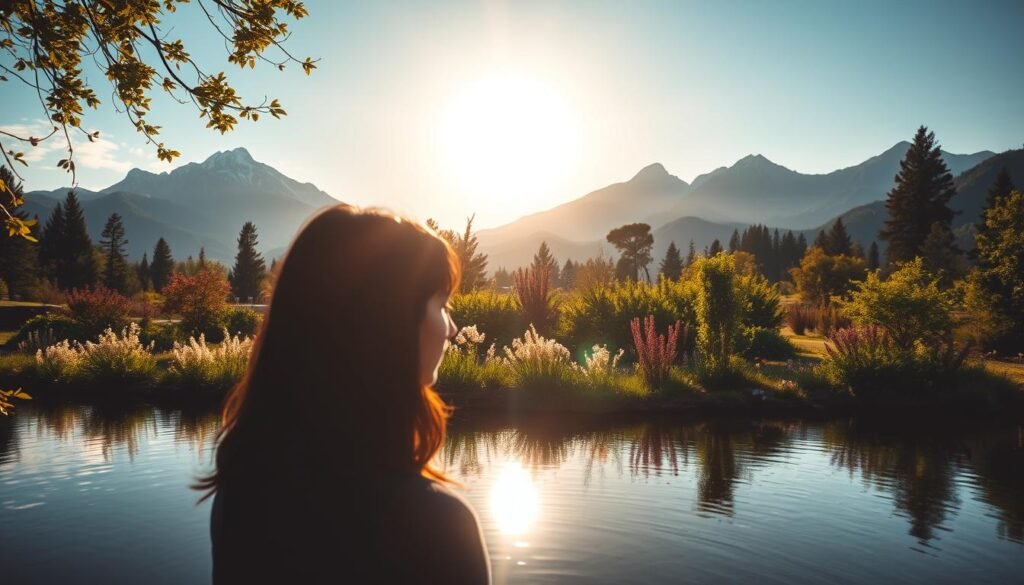 A serene, sun-dappled scene of personal transformation. In the foreground, a figure gazes introspectively, their silhouette reflected in a still pond. The middle ground features a lush, verdant garden, blossoms unfurling in the warm light. In the background, towering mountains rise, their peaks capped with snow. The overall mood is one of tranquility and self-discovery, as the viewer is invited to contemplate the journey of personal change.