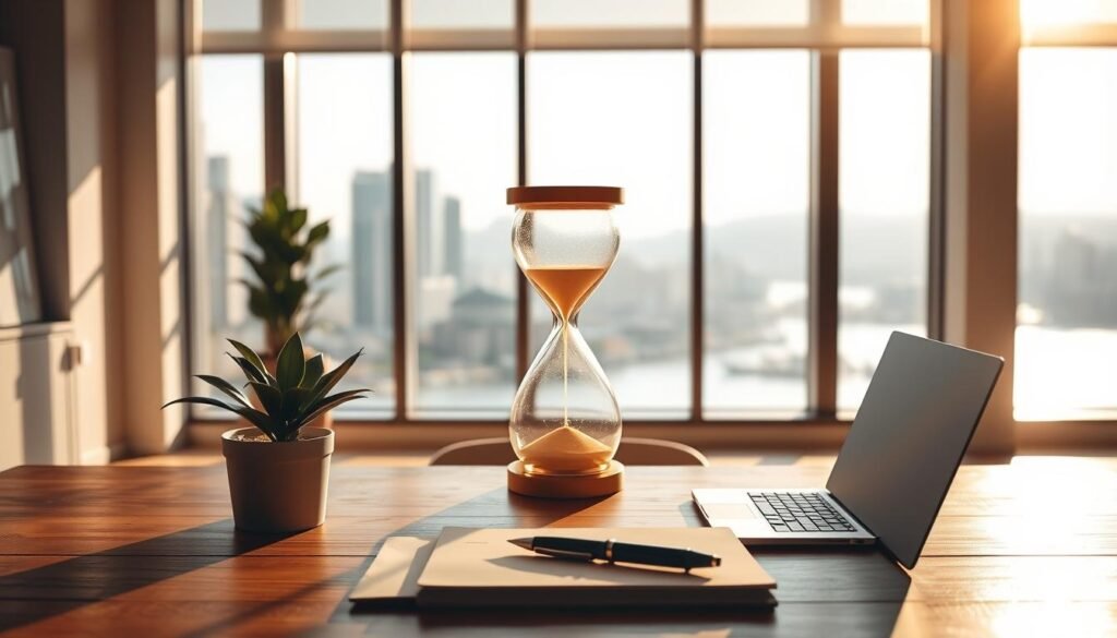 A serene, sun-drenched office setting, featuring a stylized hourglass at the center. The hourglass casts a soft, golden glow, representing the "5-second rule" for decision-making. In the foreground, a wooden desk with minimal, elegant decor - a potted plant, a sleek laptop, and a pen resting atop a notepad. The background showcases a large, floor-to-ceiling window, offering a picturesque view of a tranquil cityscape. The lighting is warm and diffused, creating a sense of focus and clarity. The overall atmosphere exudes a harmonious balance between productivity and mindfulness, inviting the viewer to pause, reflect, and make considered choices.